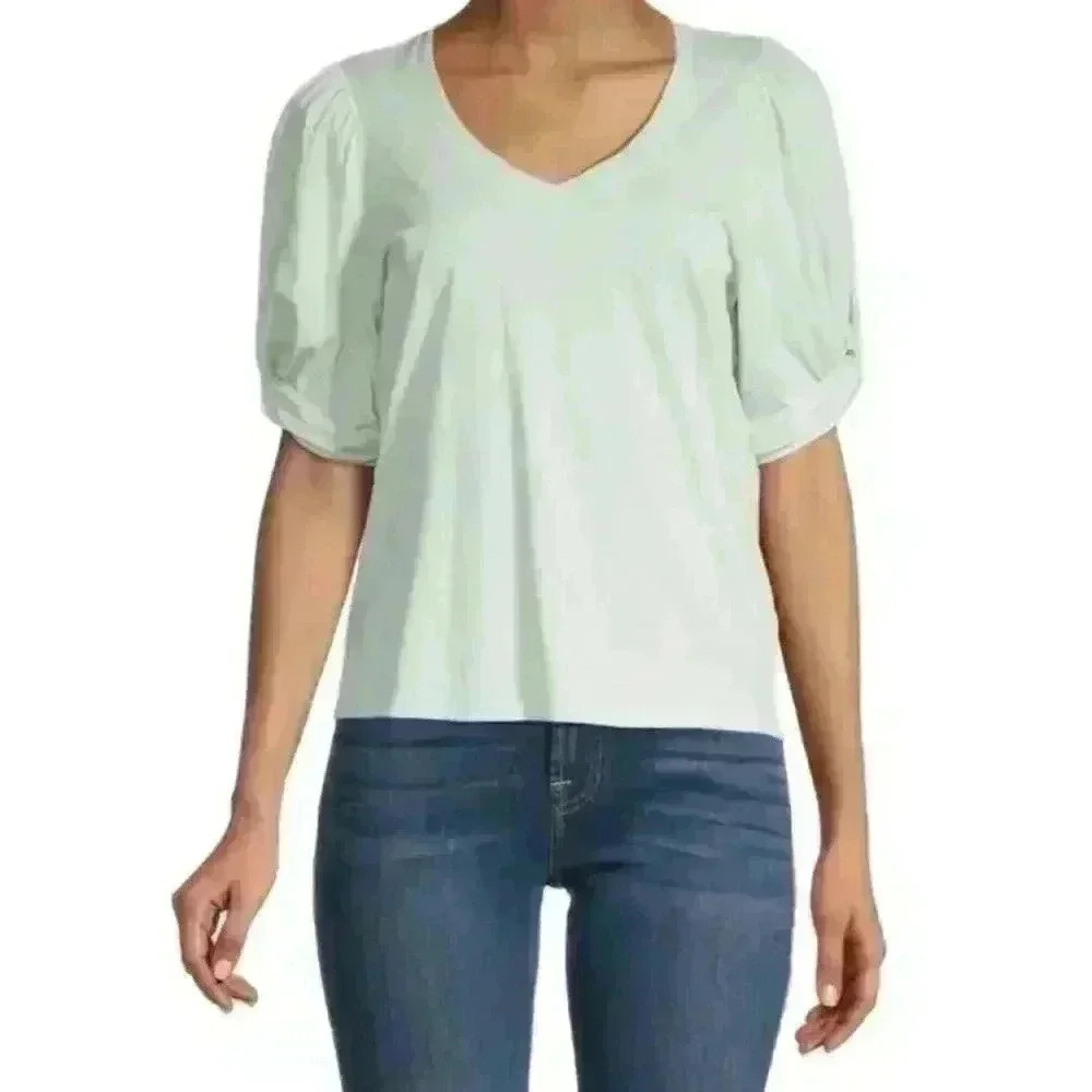 Avec Les Filles Women's Sage Green Puff Knotted Sleeve Top, Size Latge
